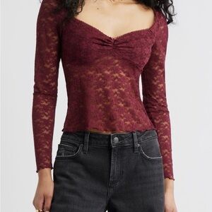 Nordstrom Burgundy Lace Sweetheart Long Sleeve Top